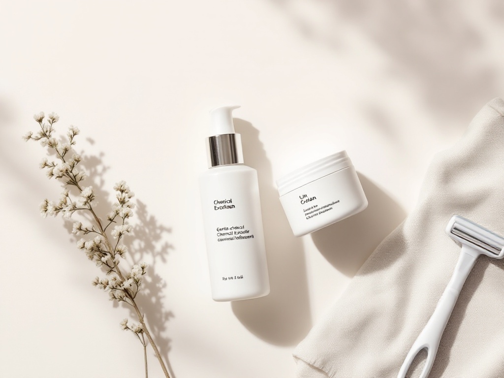 A simple shelf of gentle exfoliant, moisturizer, and a clean razor for daily care