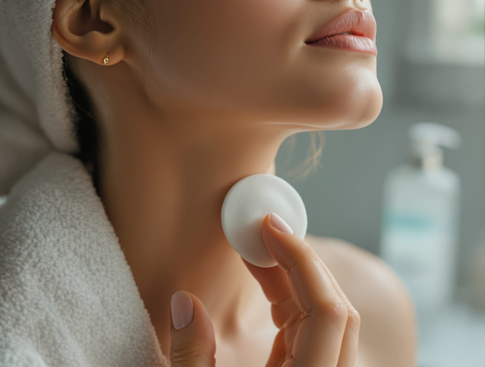 A cotton pad applying a clear liquid chemical exfoliant to smooth, calm skin on the neck