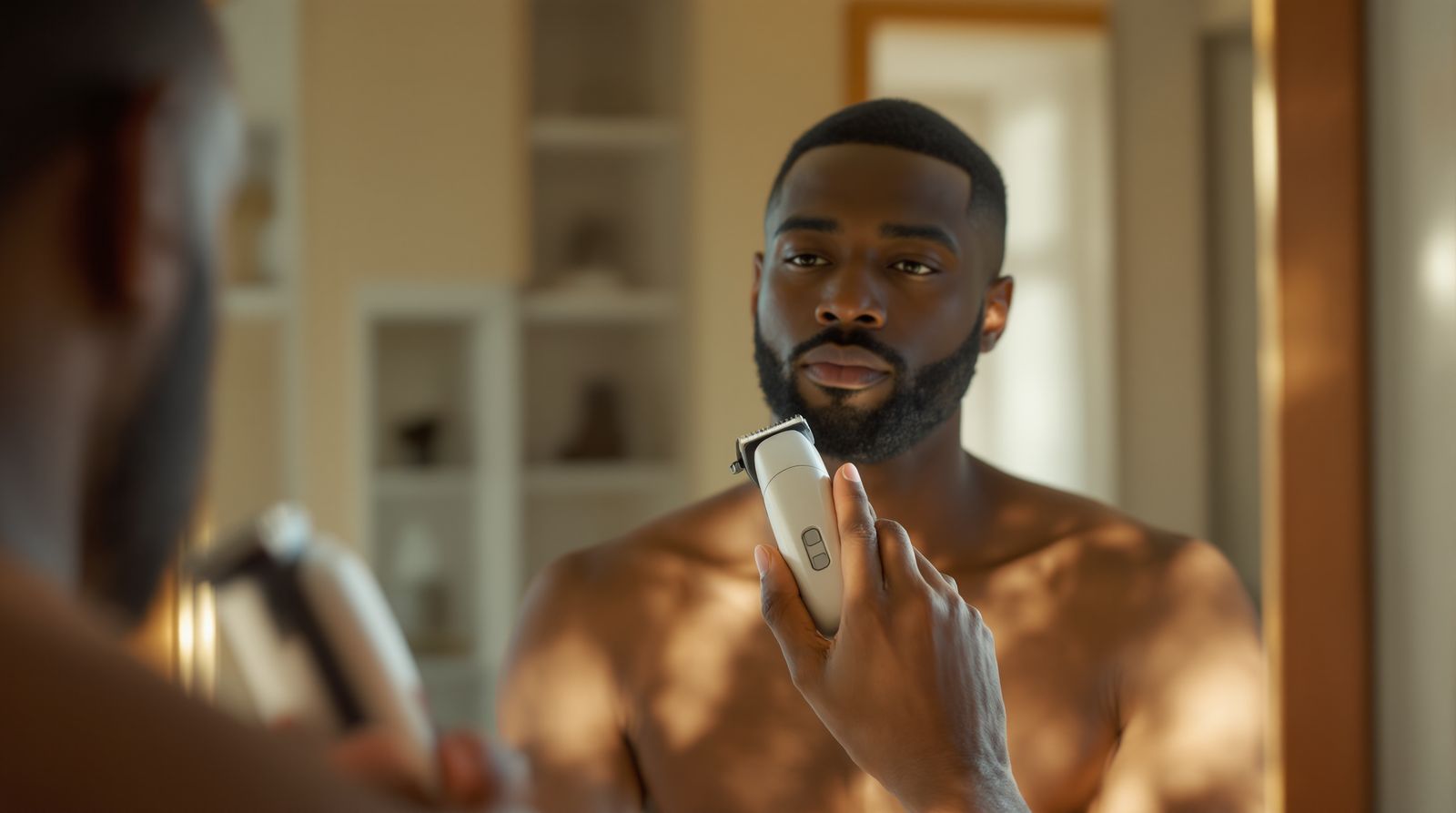 A man trimming his beard with an electric trimmer in front of a bathroom mirror, short even stubble