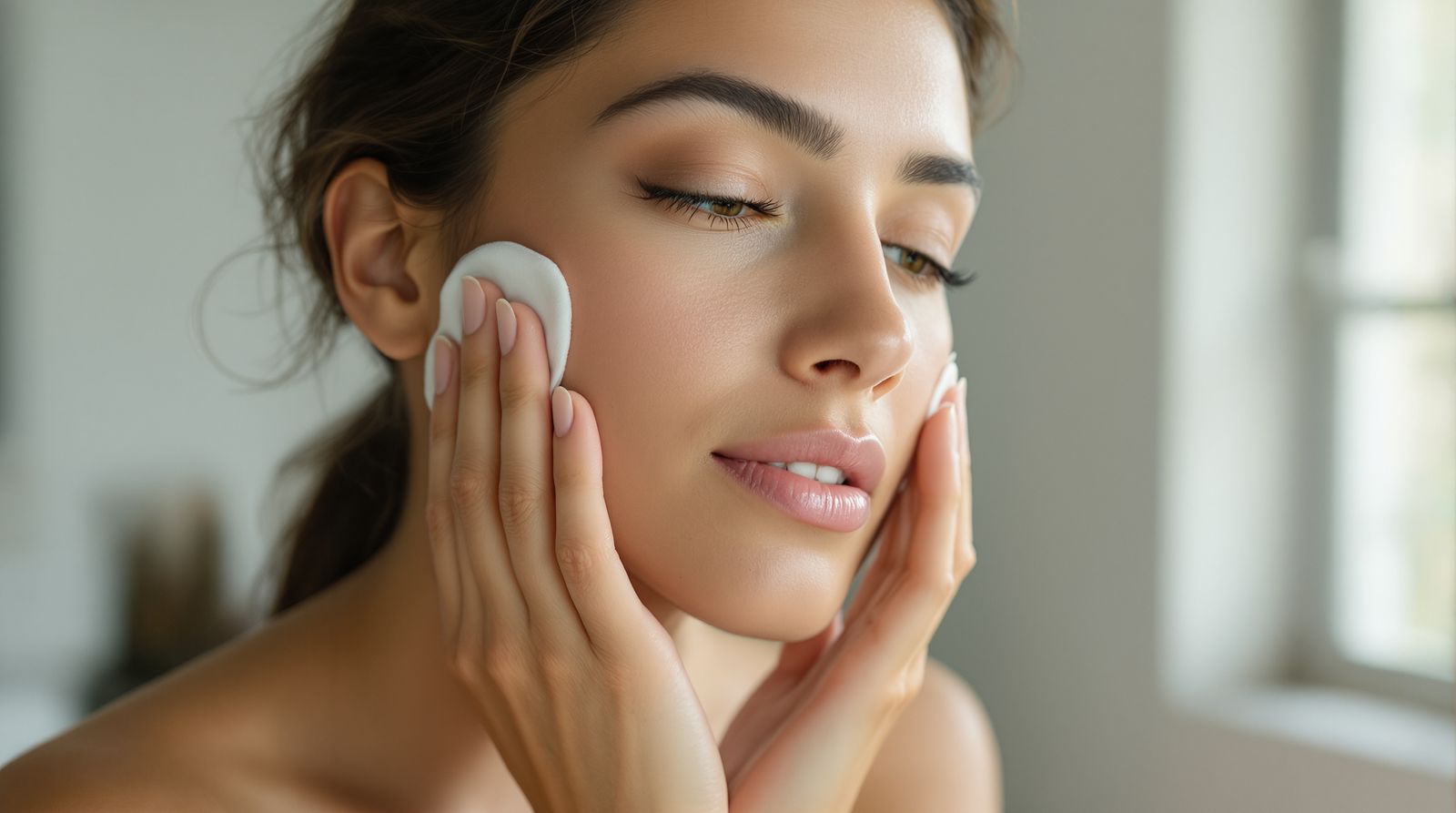 A warm damp compress pressed gently against irritated skin on a jawline in soft daylight