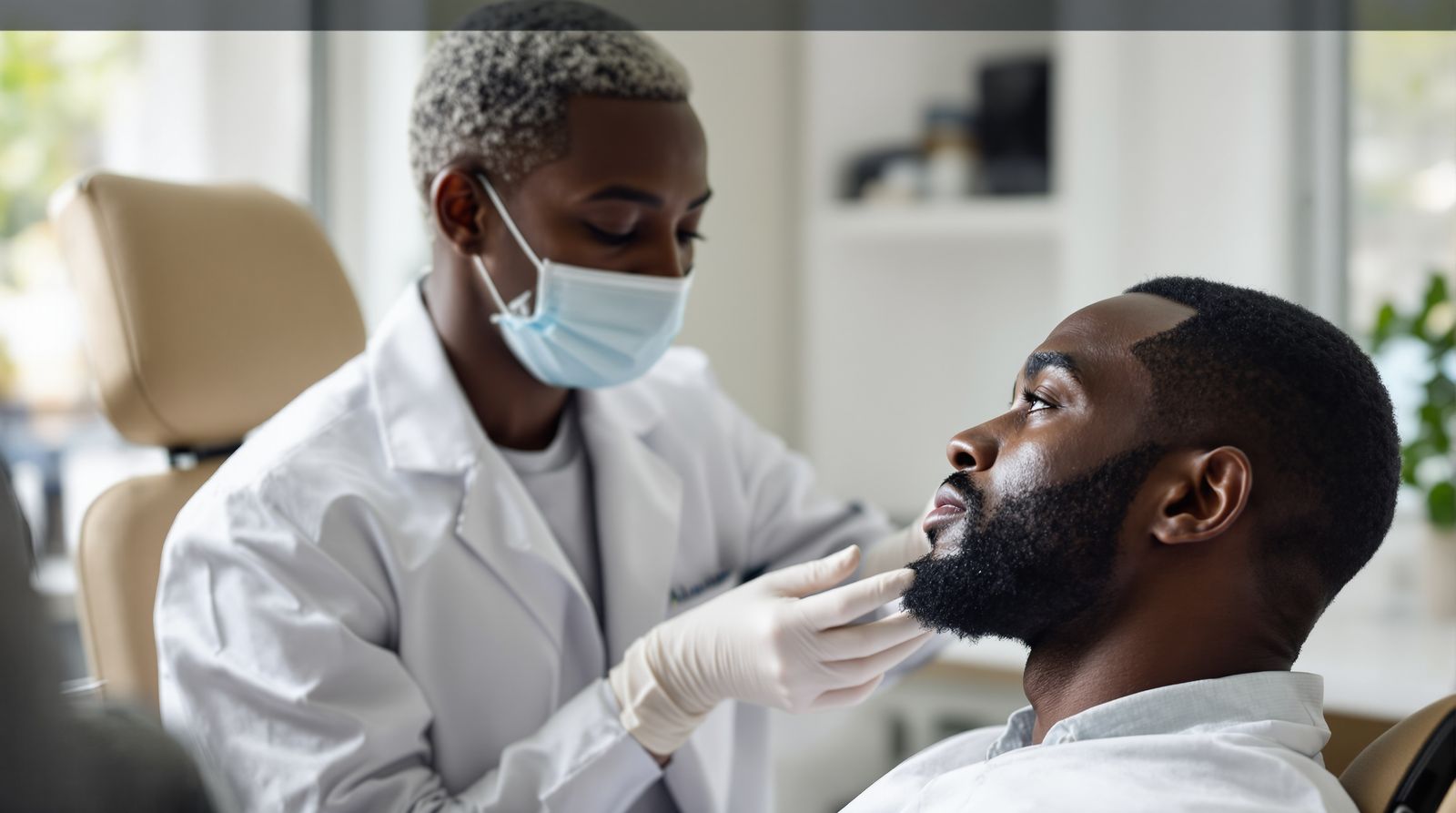 A clinician's gloved hands gently examining a small firm bump on a patient's neck in an exam room