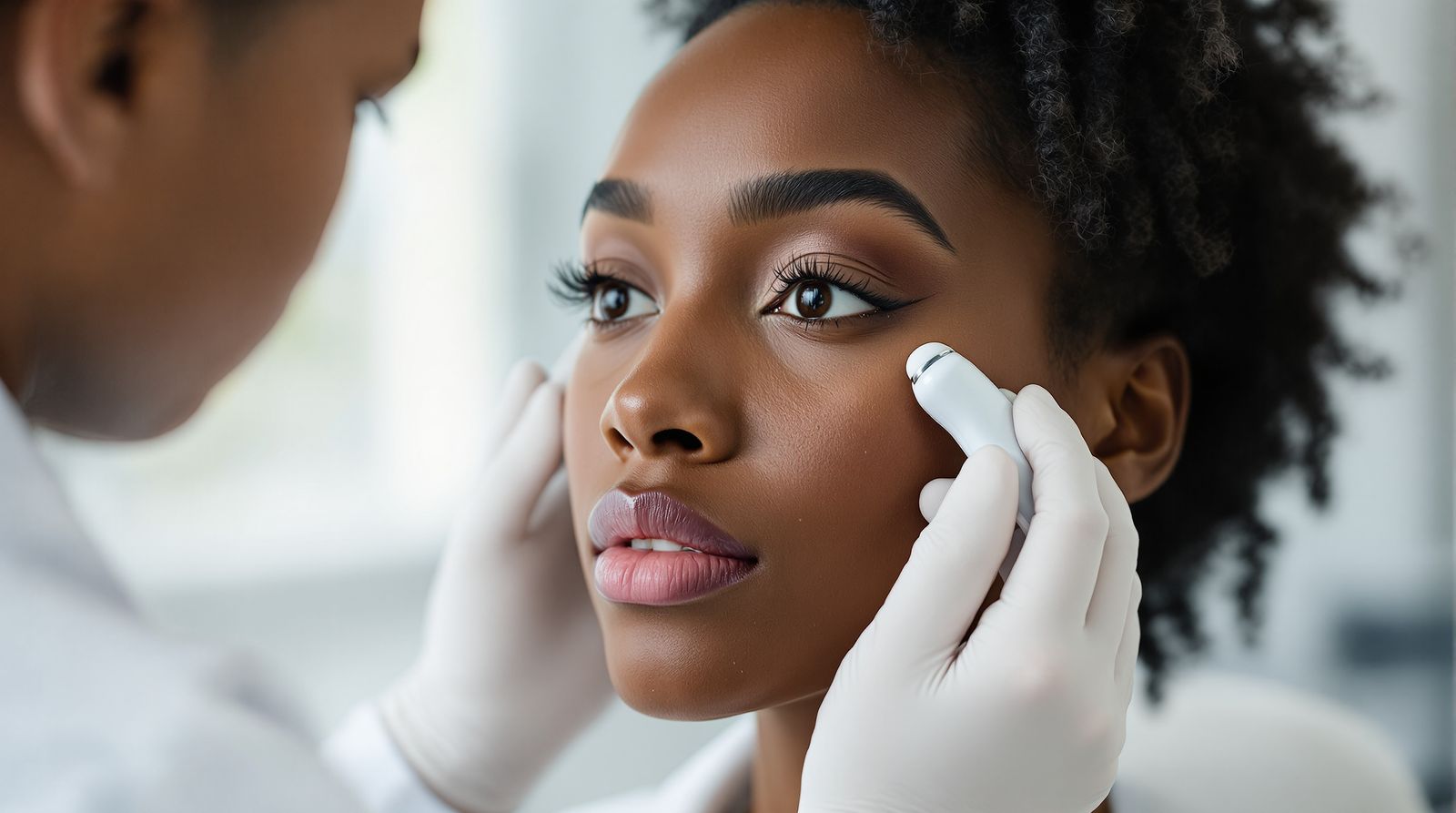 A dermatologist examining small bumps on a patient's cheek with a handheld dermatoscope in a bright exam room