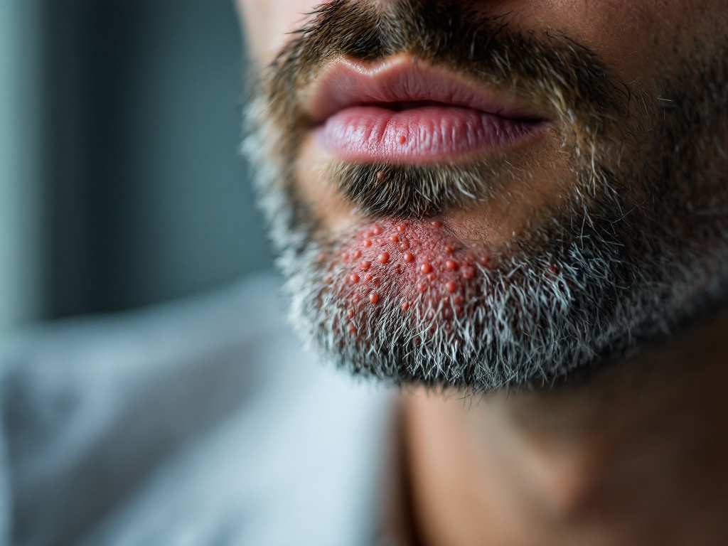 Close-up of a man's jaw and neck showing clustered razor bumps along the beard line