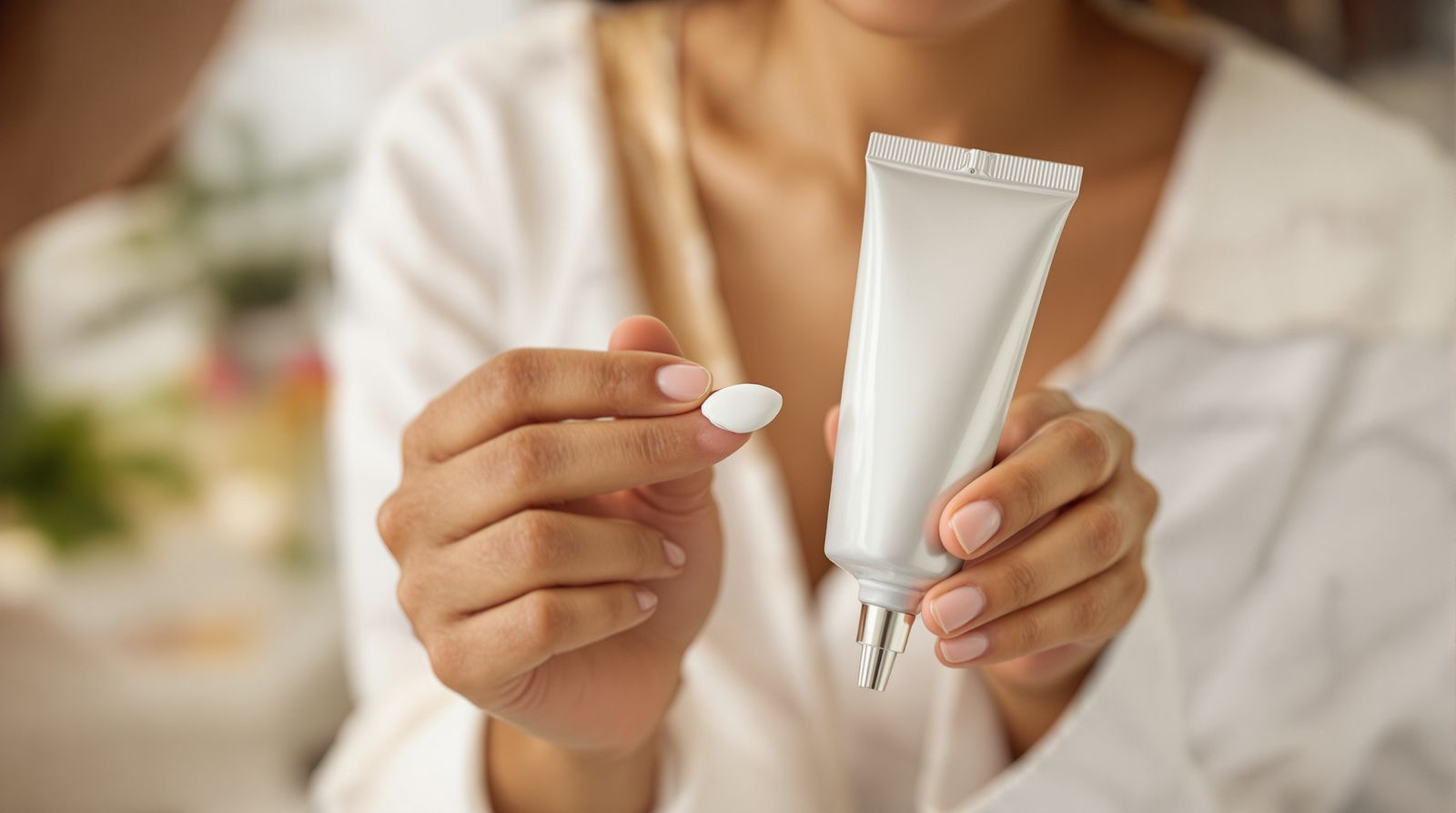 A pea-sized amount of retinoid cream on a fingertip beside a simple tube on a bathroom shelf at night