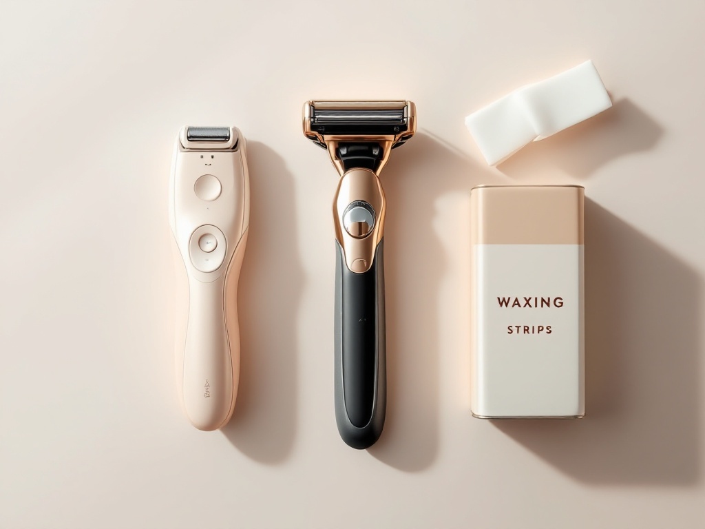 An electric razor, a single-blade razor, and a tub of waxing strips laid side by side